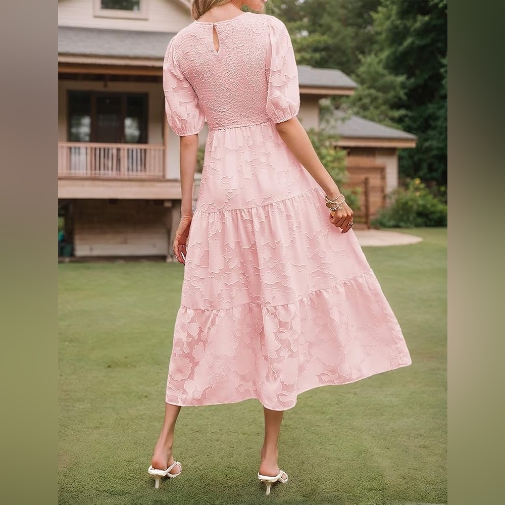 Merokeety Pink Short Puff Sleeve Midi-Dress Floral Design. Size Medium - Picture 9 of 14